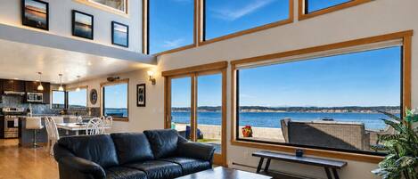 Smart TV, chimenea, libros y biblioteca musical