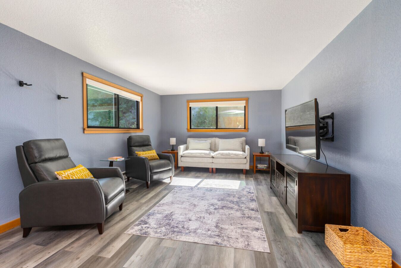 Smart TV, caminetto, lettore DVD, libri