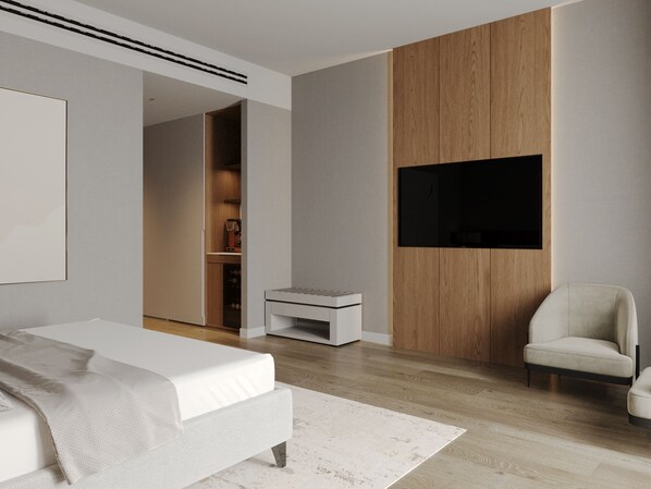 Escritorio, cortinas blackout y tabla de planchar con plancha 