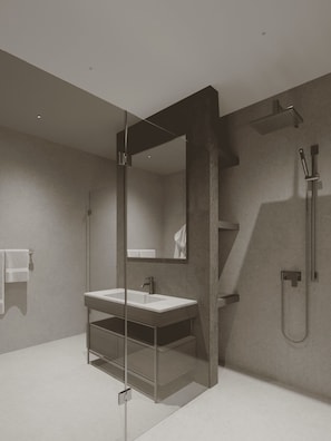 Deluxe Twin Room | Bathroom | Shower, hair dryer, slippers, towels