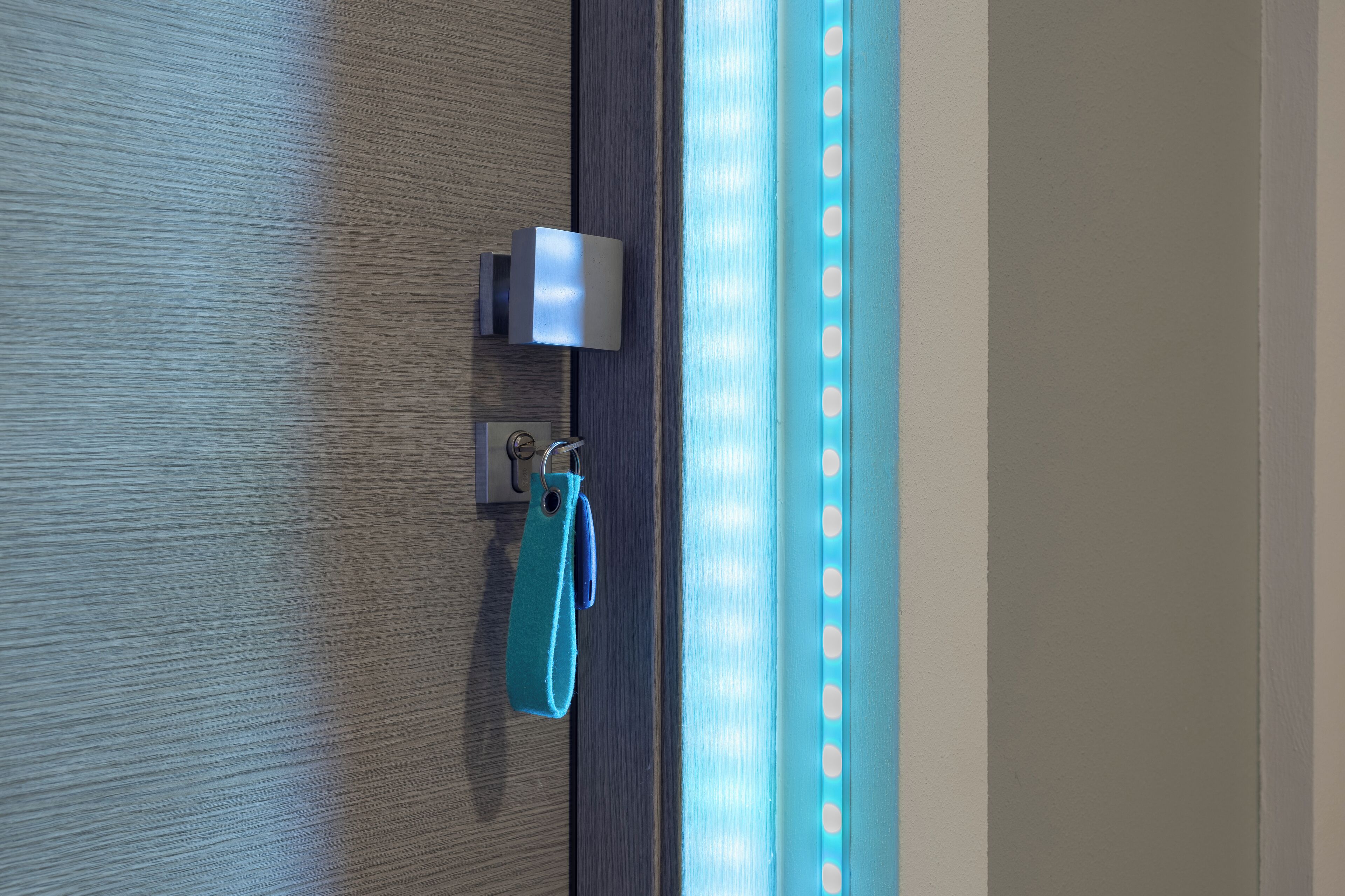A door with a towel hanging on a hook, a light switch, and a wall with a textured pattern.