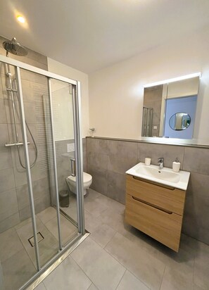 Shower, hair dryer, towels, toilet paper