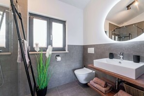 Shower, hair dryer, towels
