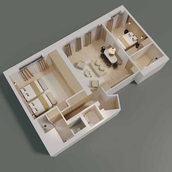 A 3D floor plan of a modern apartment with a living room, dining area, kitchen, and two bedrooms. - Luxury Flat -2br/8p- Madeleine/saint Honore (Paris)