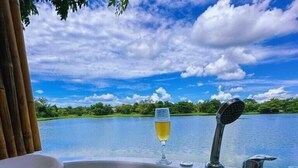 Una vasca da bagno con un bicchiere di champagne, un rubinetto e vista su un lago e alberi.