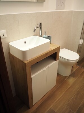 Shower, hair dryer, bidet, towels