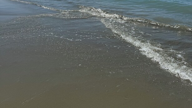 A beach with clear blue water and a sandy shore.