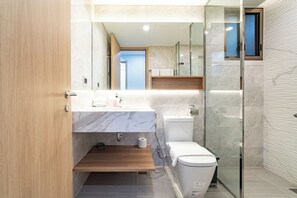 Hair dryer, towels, soap, toilet paper