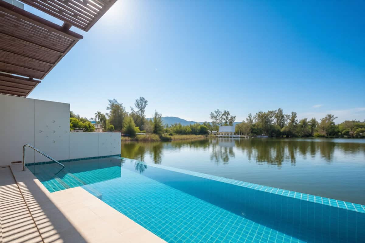 A swimming pool with clear blue tiles, a wooden deck, and a view of trees and a distant building.