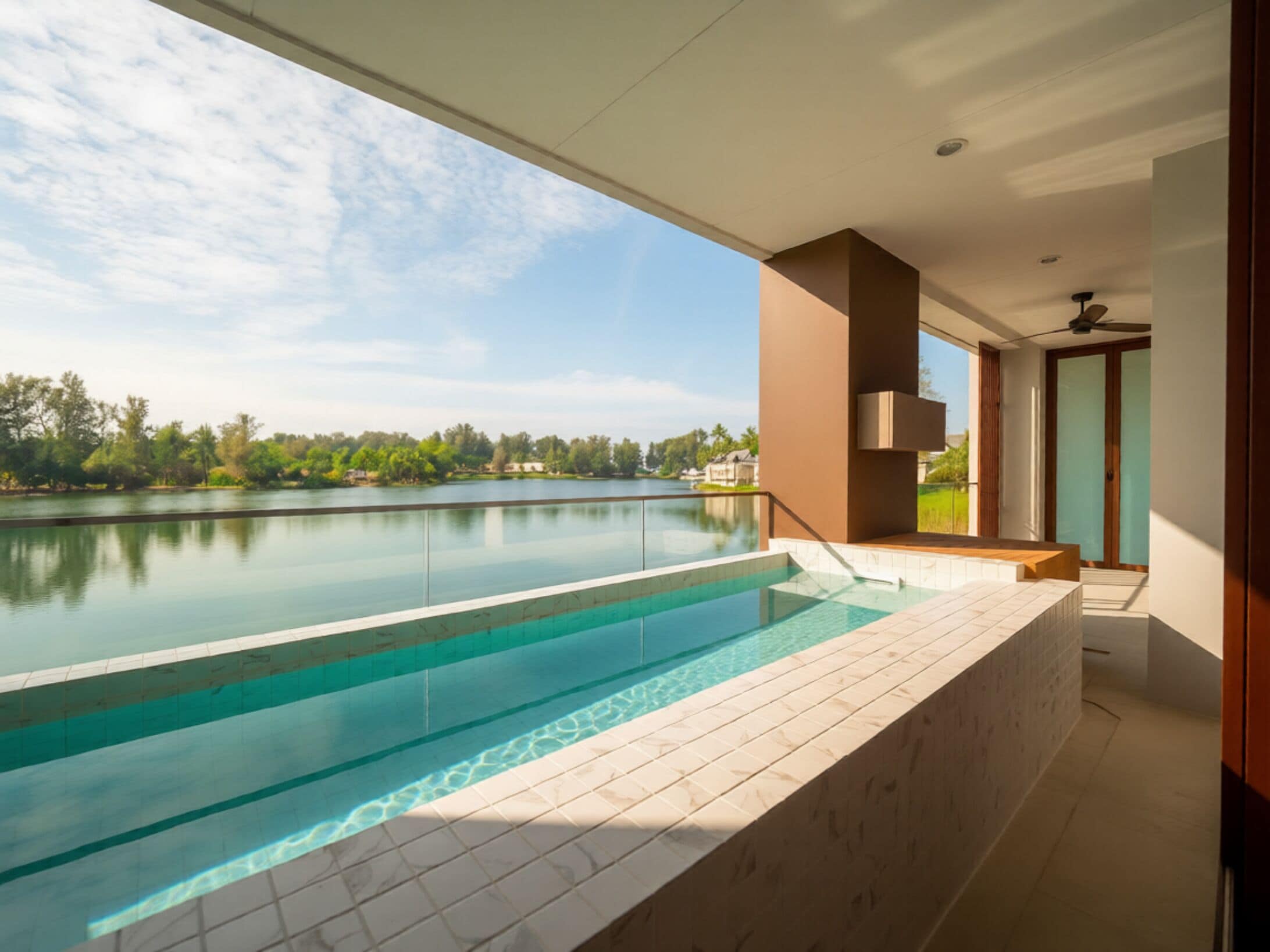 Ein moderner Infinity-Pool mit freiem Blick auf einen See und umliegendes Grün.