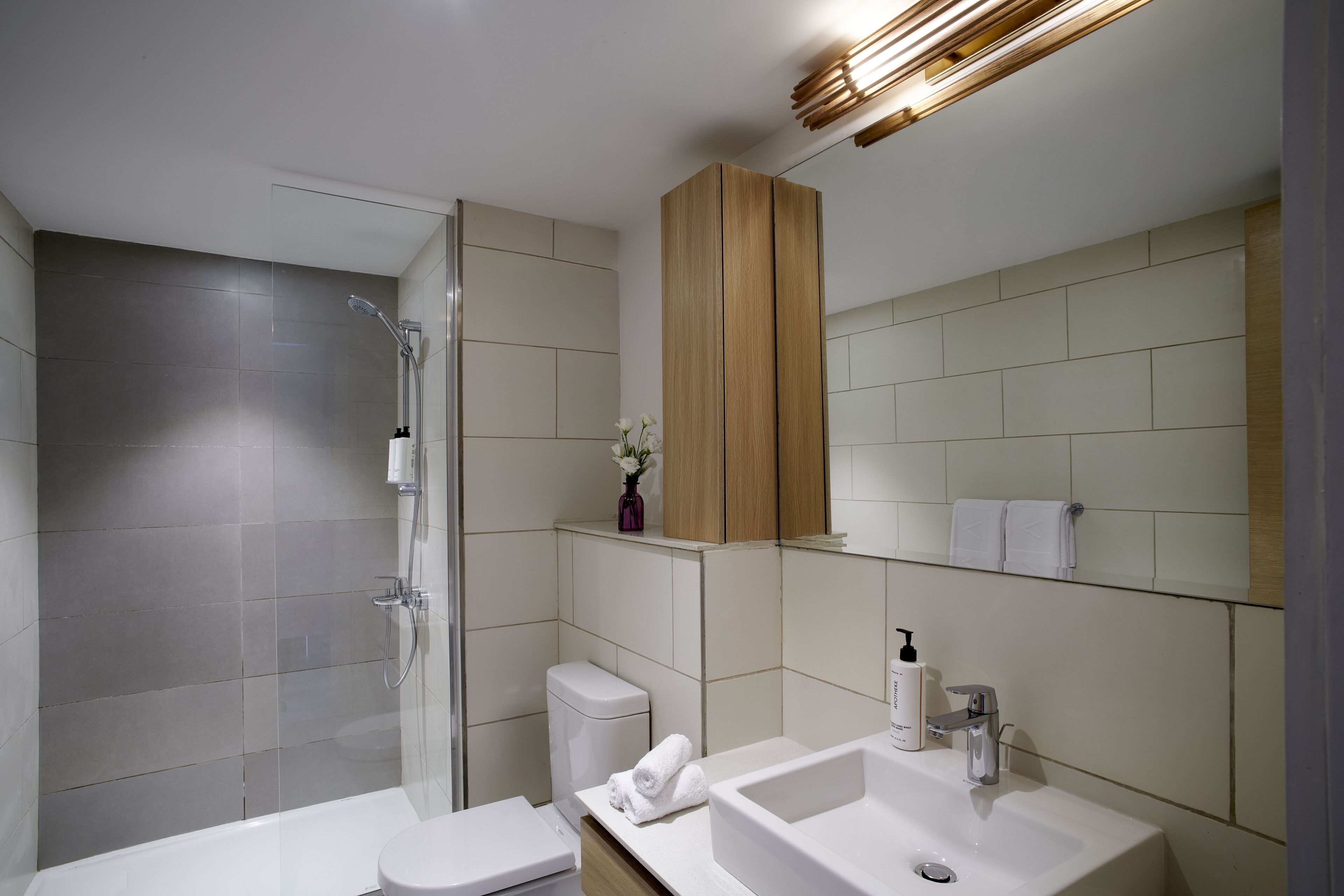 Shower, hair dryer, slippers, towels