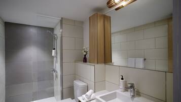 Shower, hair dryer, slippers, towels