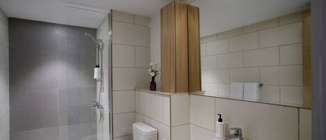 A modern bathroom with a shower, toilet, sink, and vanity.