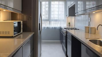 Basic Apartment | Private kitchen | Fridge, microwave, oven, stovetop
