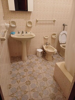Hair dryer, bidet, towels, soap
