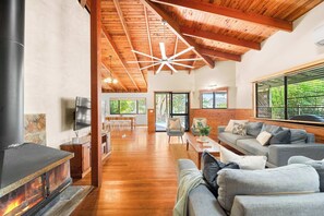 TV, fireplace, books, offices