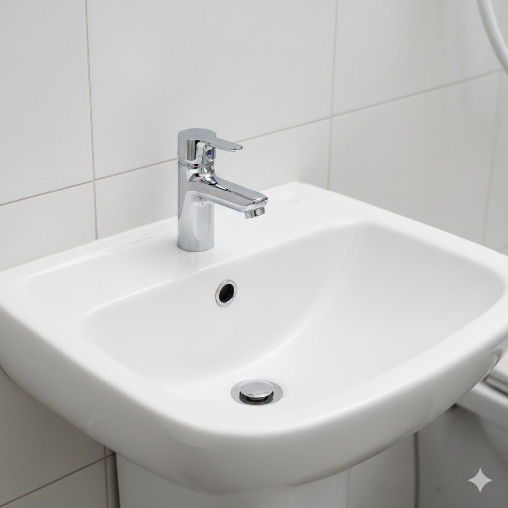 A white bathroom sink with a chrome faucet and a single drain.