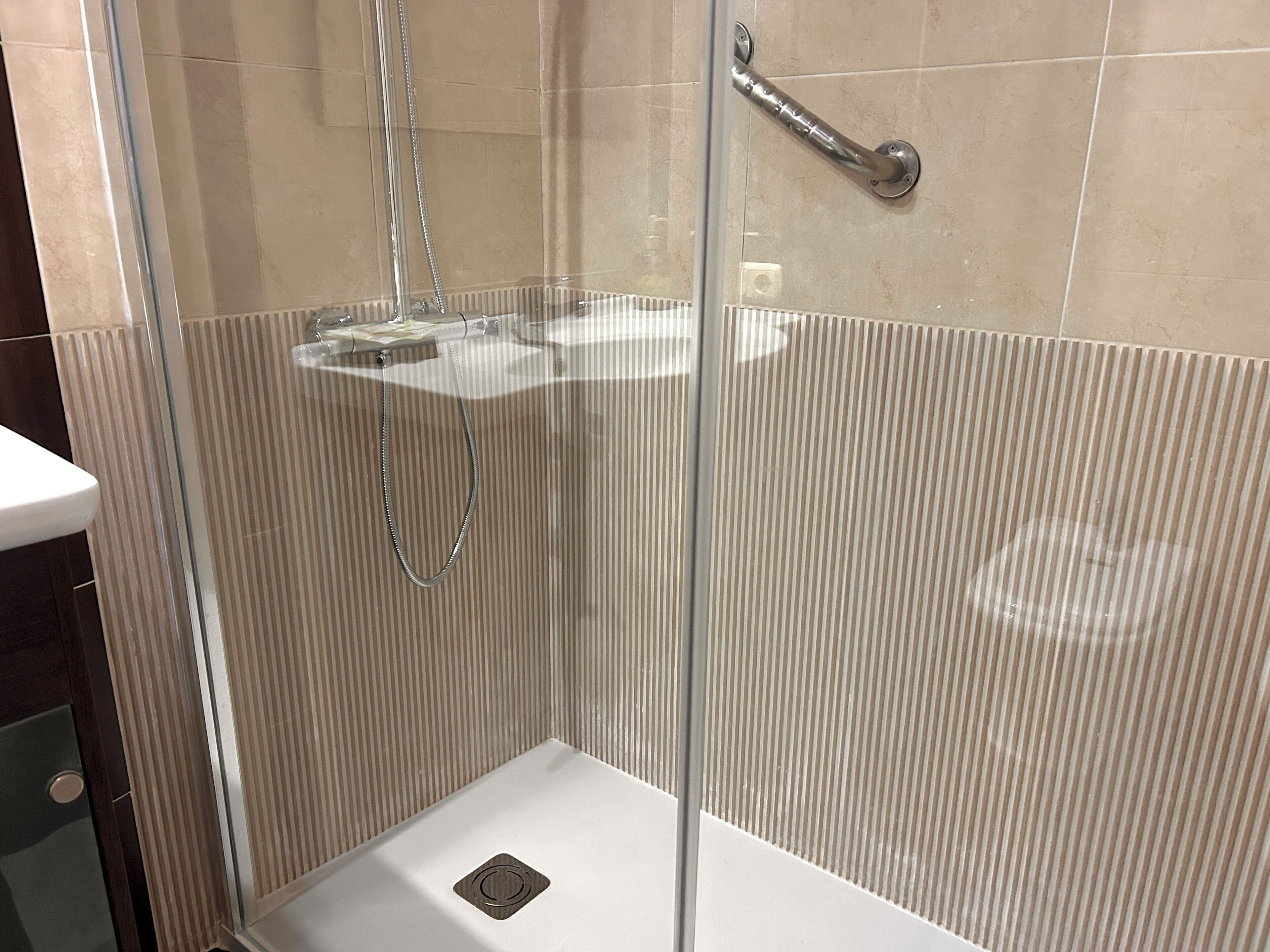 A shower with a glass door, a handheld showerhead, and a handrail.