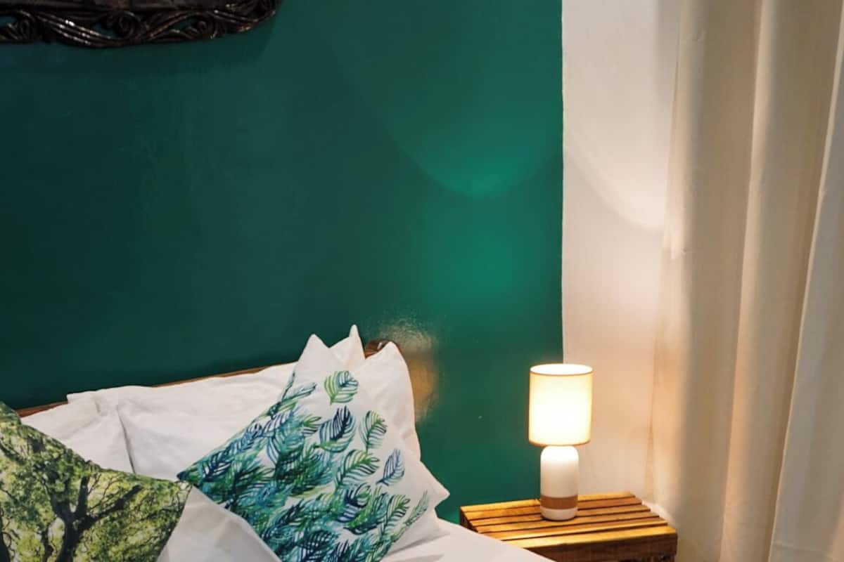 Una cama bien hecha con una pared verde de fondo, una lámpara de noche y dos almohadones decorativos.