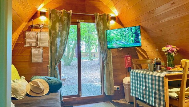 A cozy cabin interior with a wooden ceiling, a television mounted on the wall, a dining table with a checkered tablecloth, and a window with curtains. - Wulfrun Pod (West Stow)