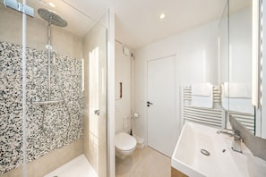 A modern bathroom with a glass-enclosed shower, a toilet, and a sink with a mirror. - 1530 Roux (Paris)