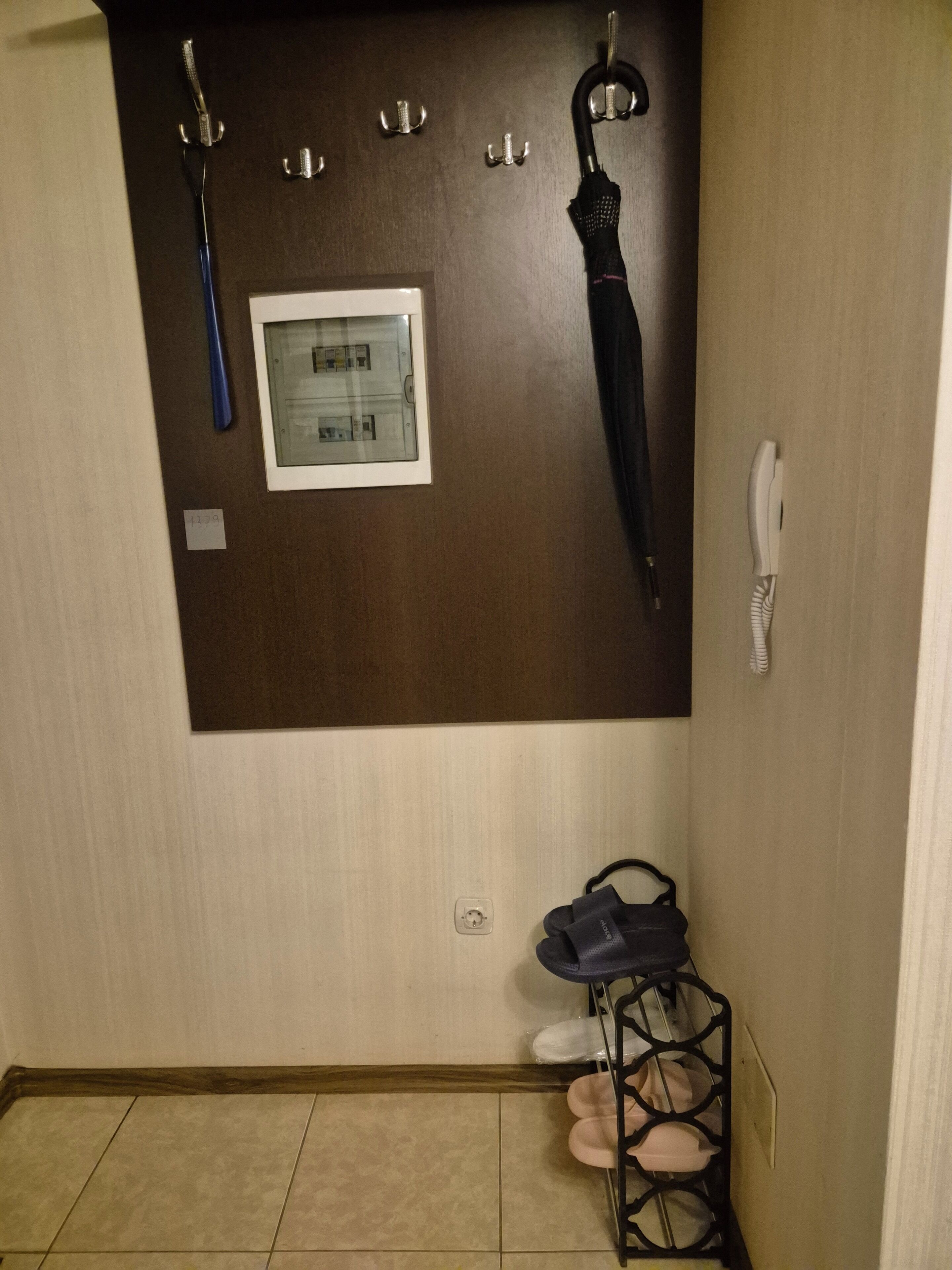 A hallway with a coat rack holding shoes, a framed picture, and a telephone.