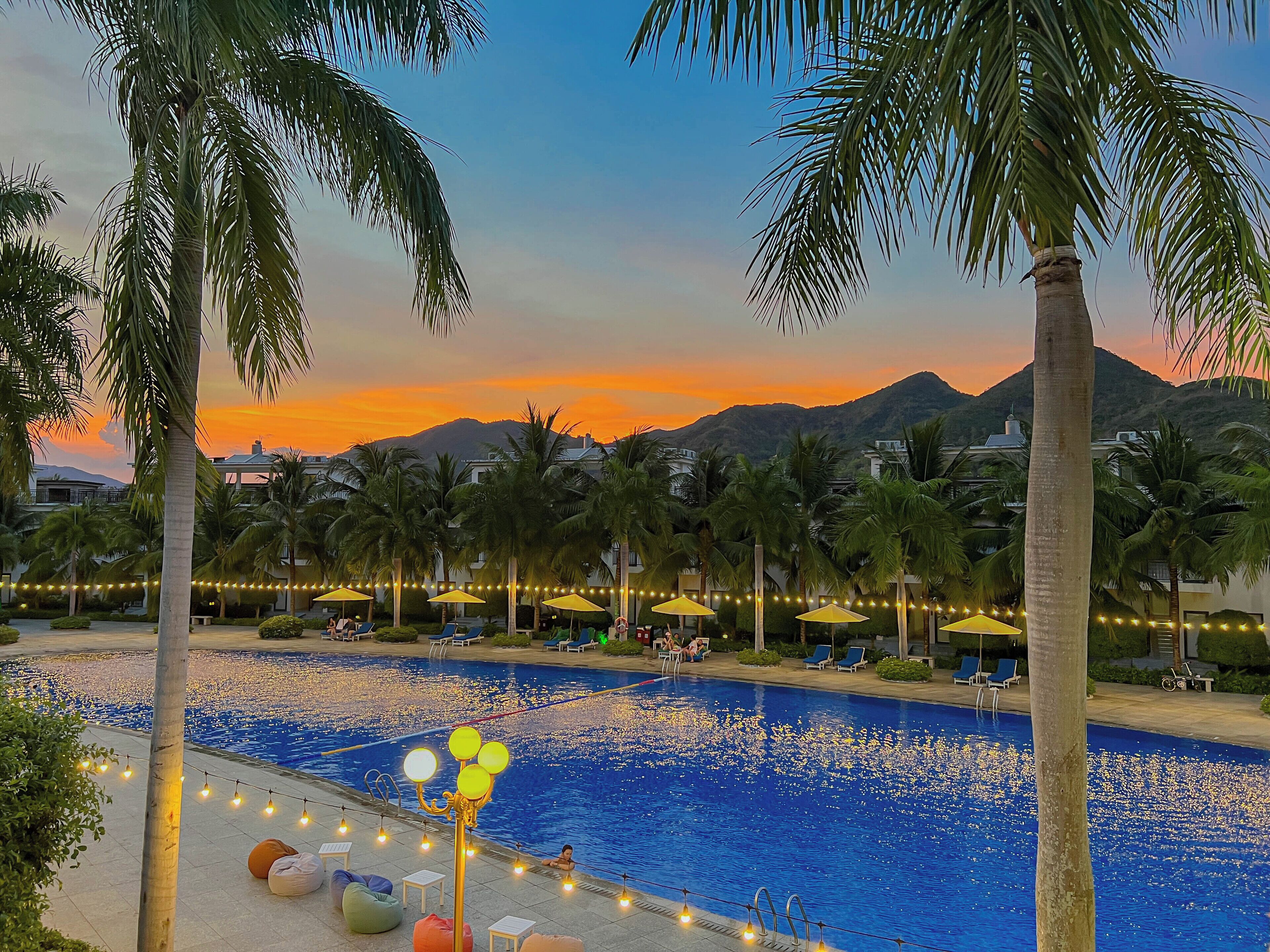 Una piscina con palmeras, sillas de descanso y luces colgantes.