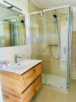 Shower, hair dryer, bidet, towels