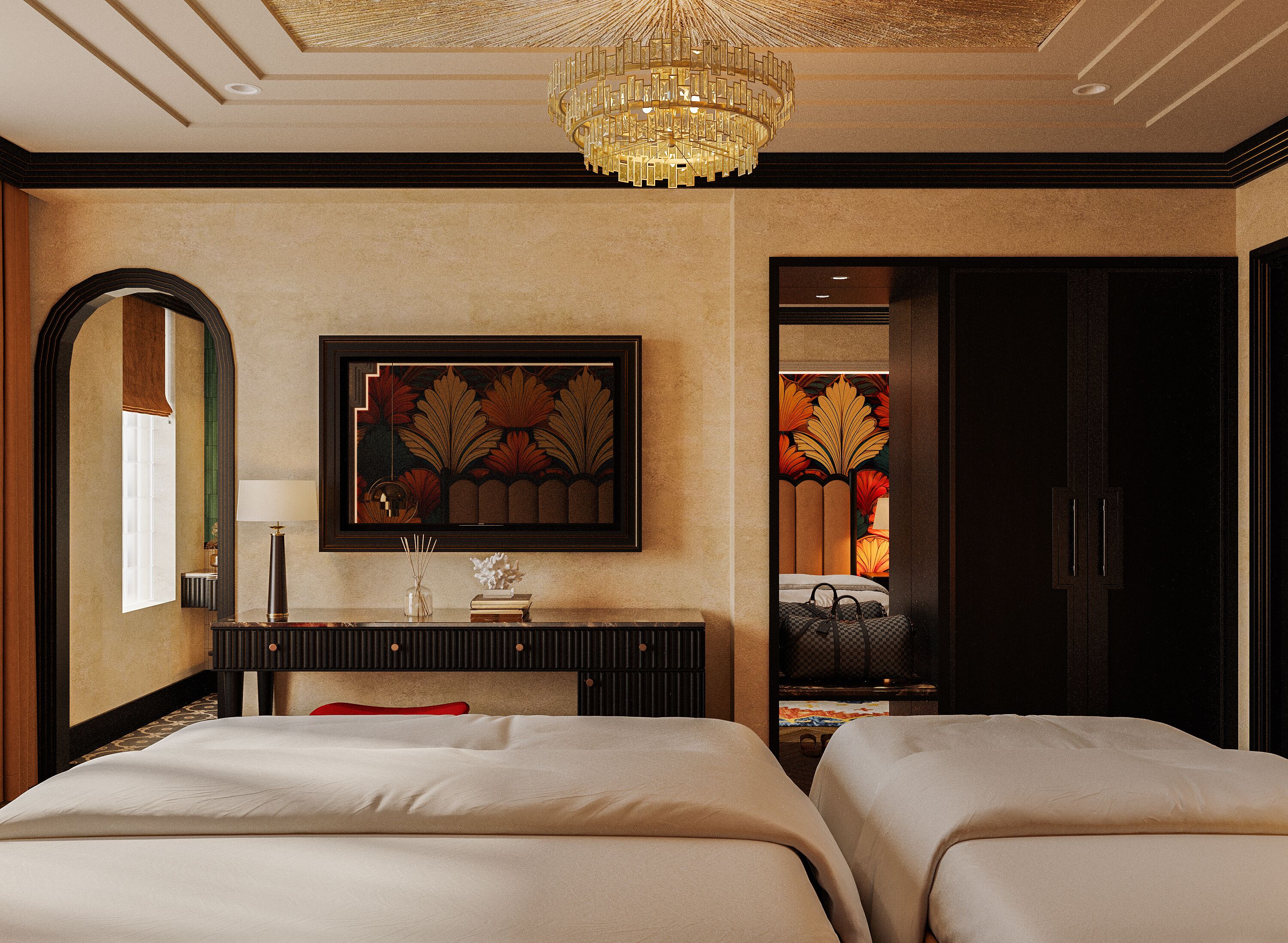 Een hotelkamer met een groot bed, een nachtkastje, een spiegel en een kroonluchter.
