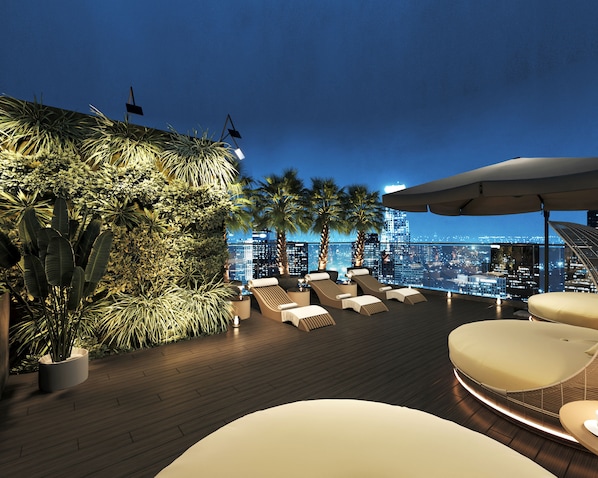 Outdoor pool, pool umbrellas, pool loungers