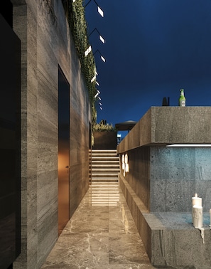 Outdoor pool, pool umbrellas, pool loungers