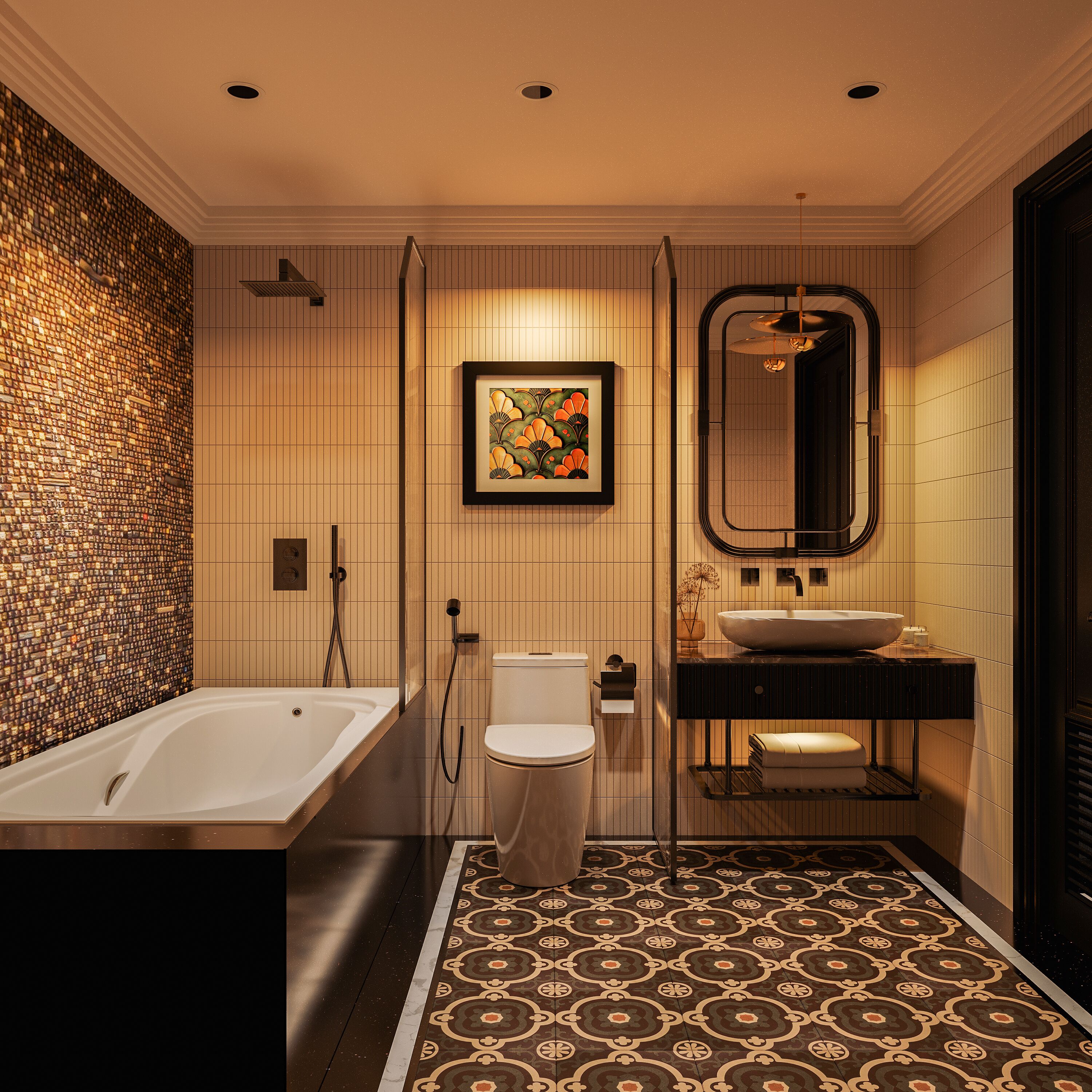 A modern bathroom with a freestanding bathtub, a toilet, and a sink with a large mirror above it.