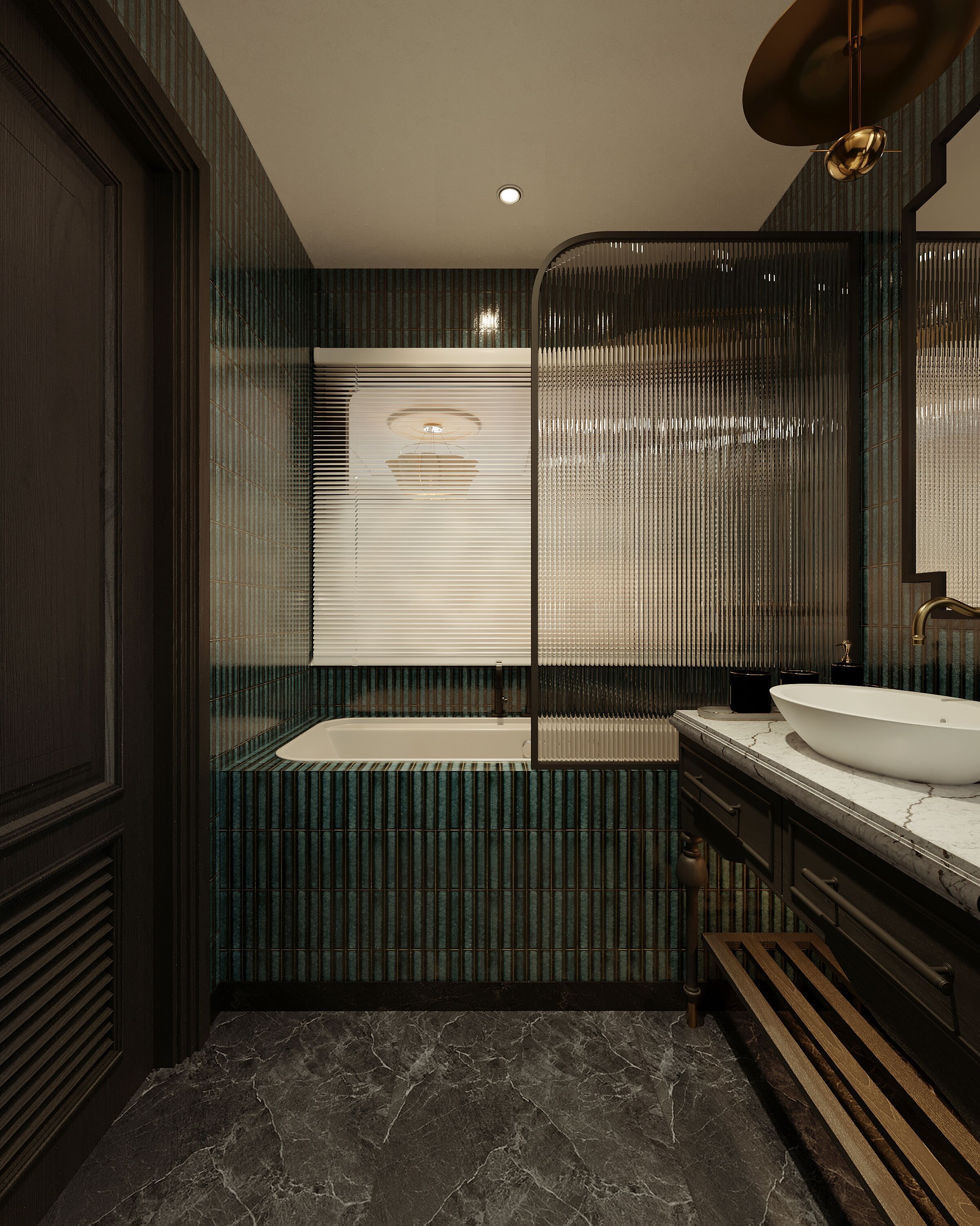 A bathroom with a freestanding bathtub, a large mirror, and a modern vanity with a sink.