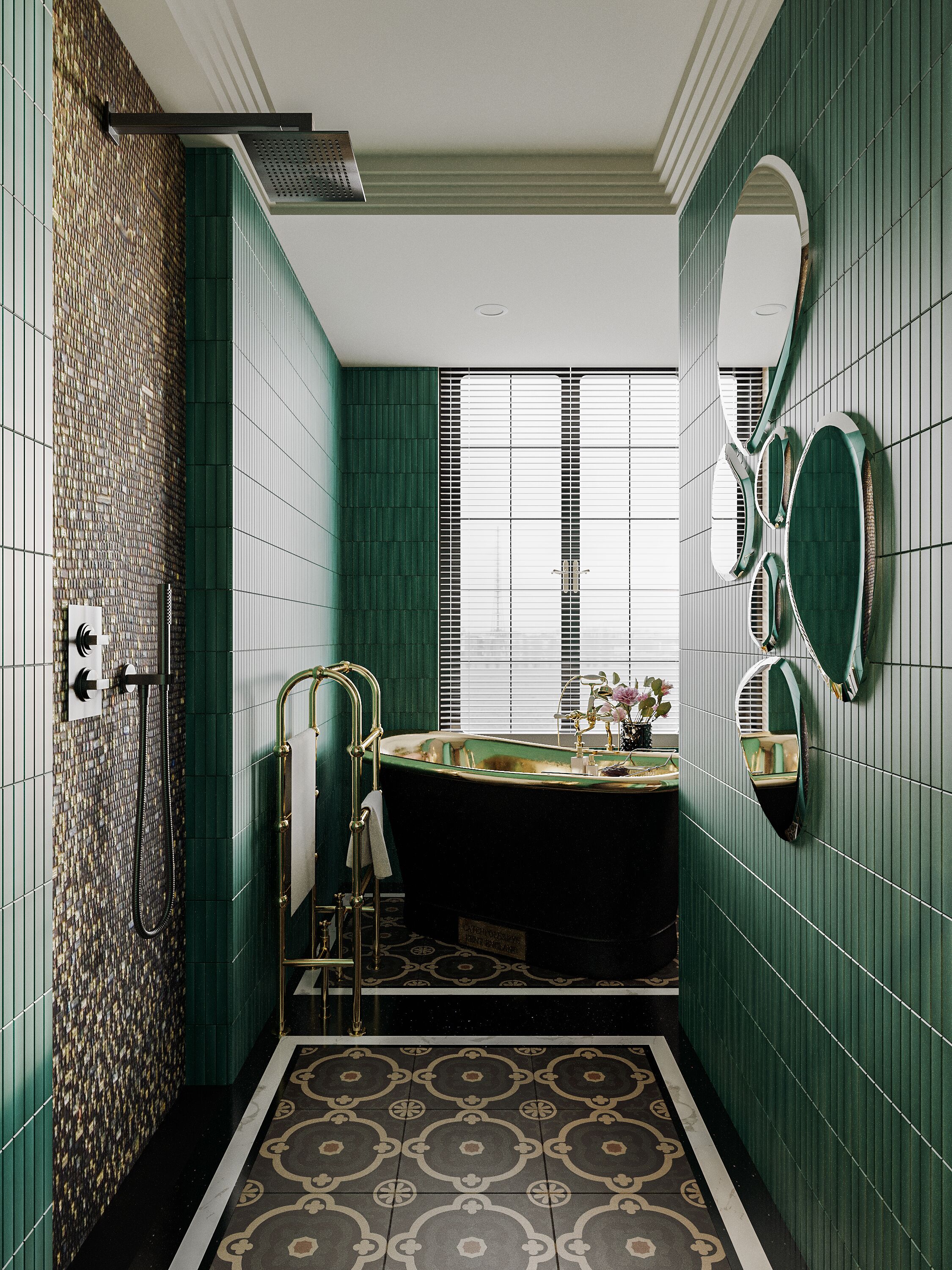 Un baño con pared de azulejos verdes, una bañera independiente, un espejo grande y un suelo con diseño.