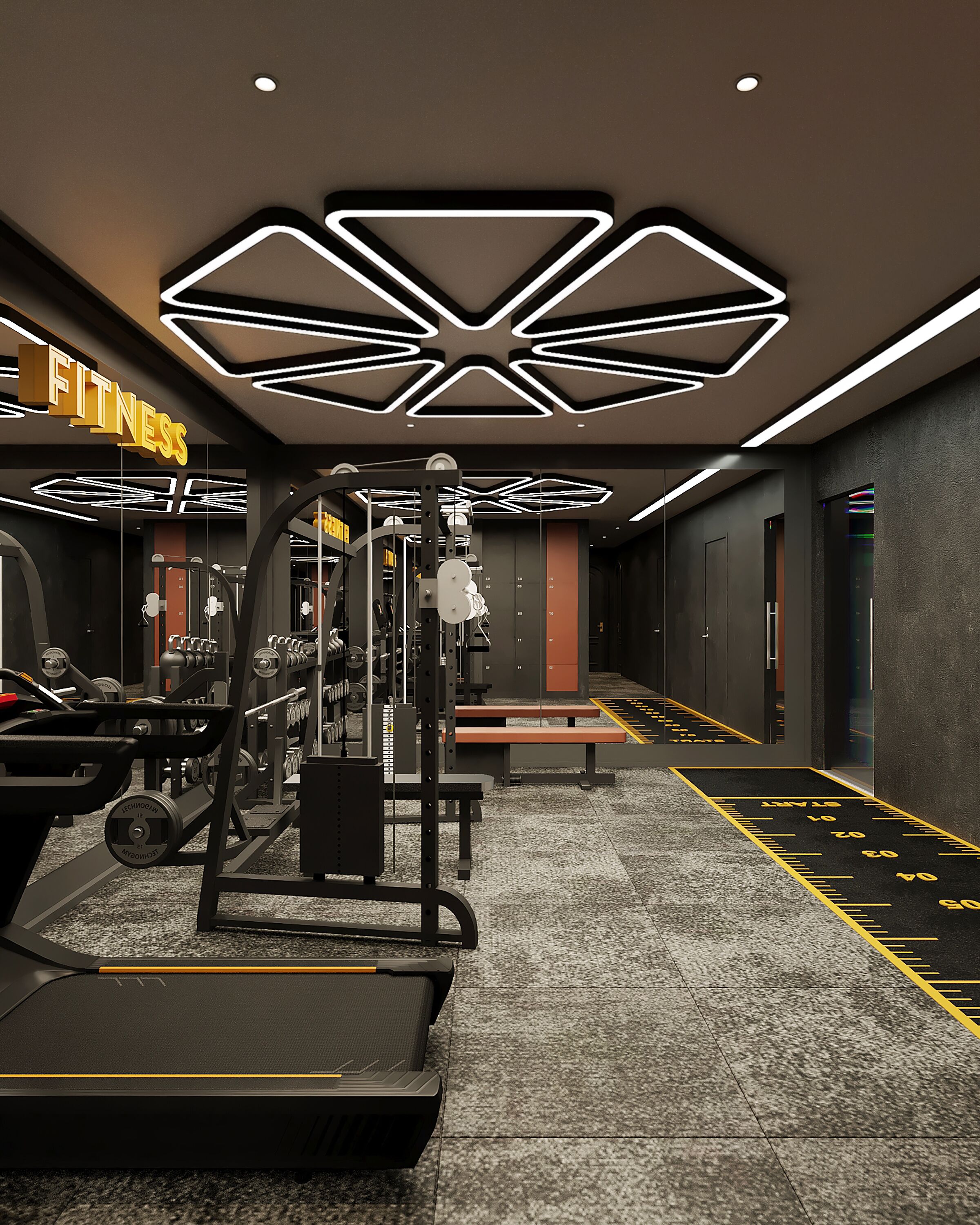 Egy modern edzőterem, melyben különféle edzőgépek, futópálya és egy „Fitness” felirat található.