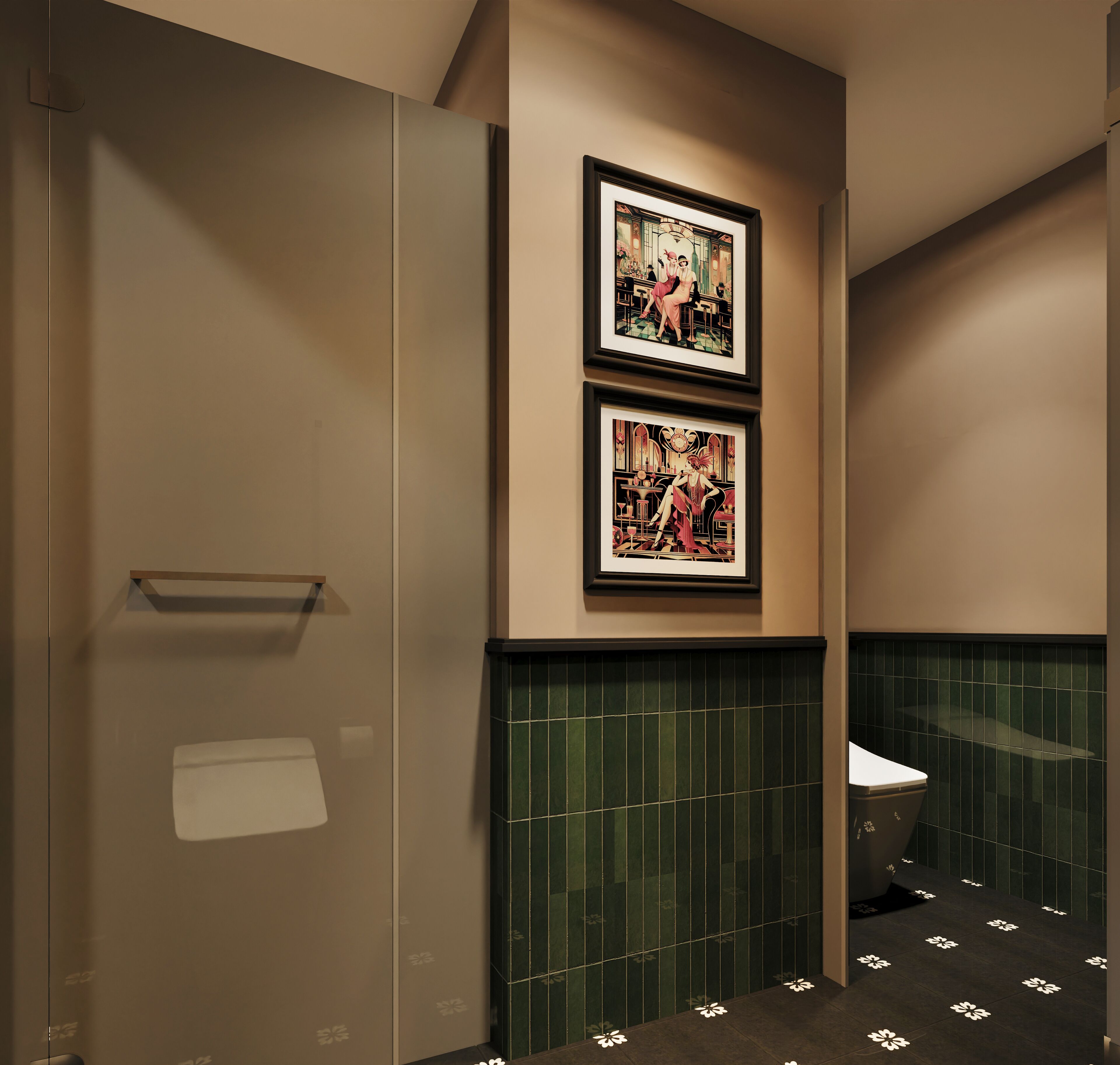 A restroom with two framed pictures on the wall, a towel rack, and a green-tiled wall.