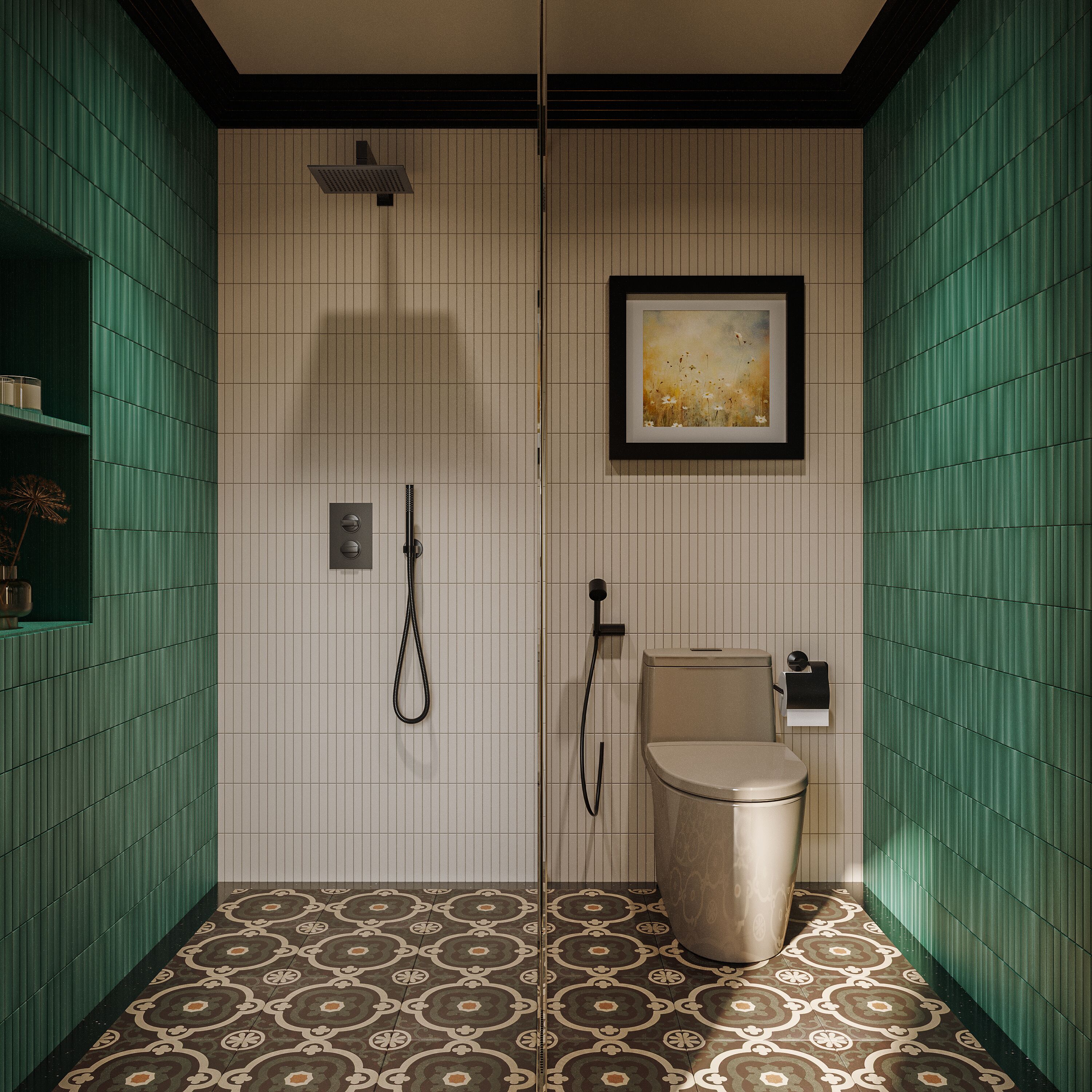 Une salle de bain équipée d’une douche, de toilettes et d’un lavabo, avec des carreaux de sol à motifs et des murs verts.