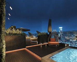 Outdoor pool, pool umbrellas, pool loungers