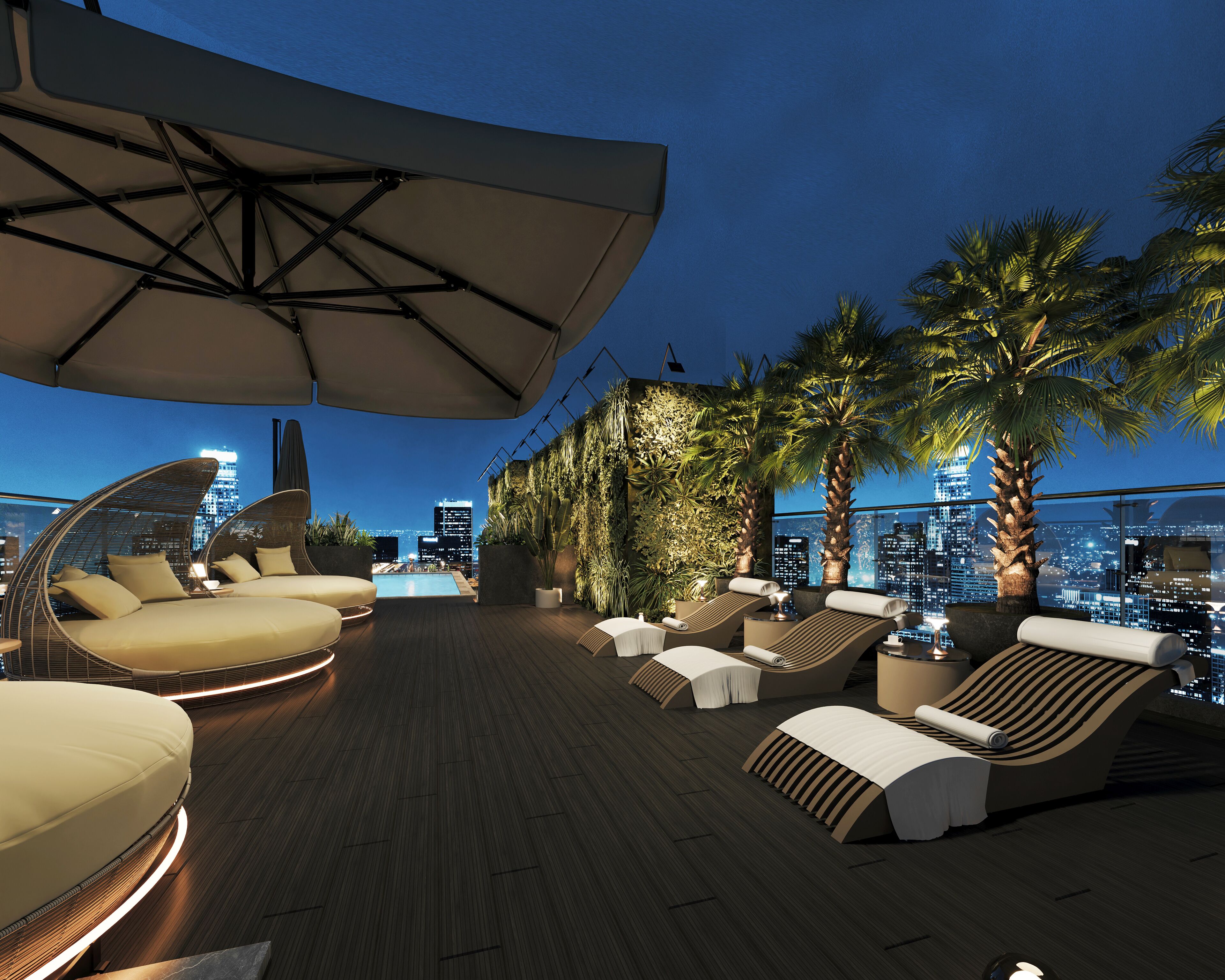 Outdoor pool, pool umbrellas, sun loungers