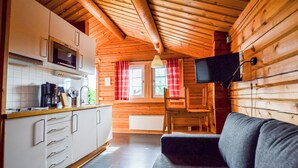 Une chambre confortable, aménagée dans le style d’un chalet, avec une kitchenette, un canapé et un téléviseur fixé au mur.