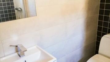 A bathroom with a white sink, a toilet, and a shower area.
