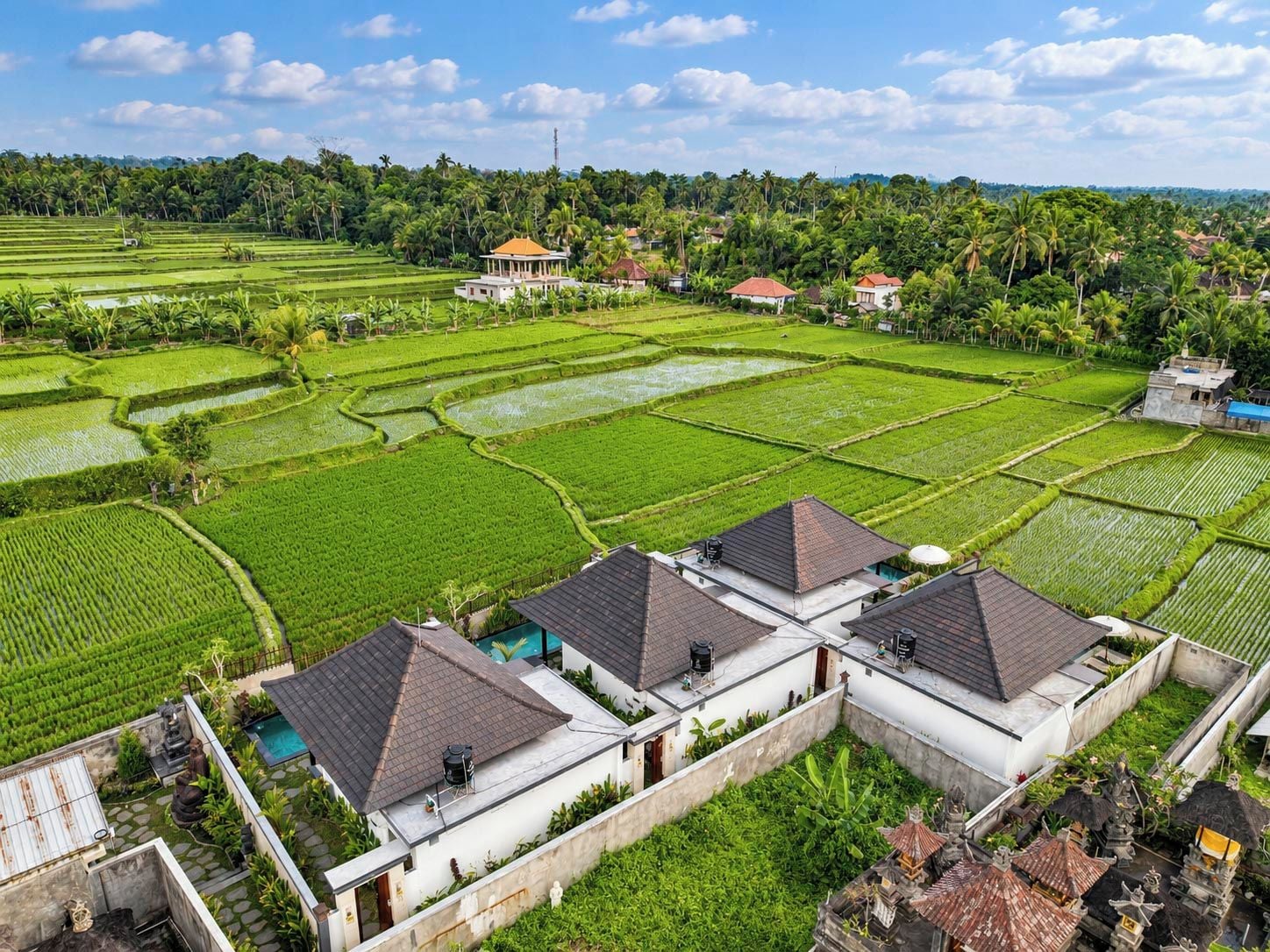 A view of terraced rice fields with traditional buildings.