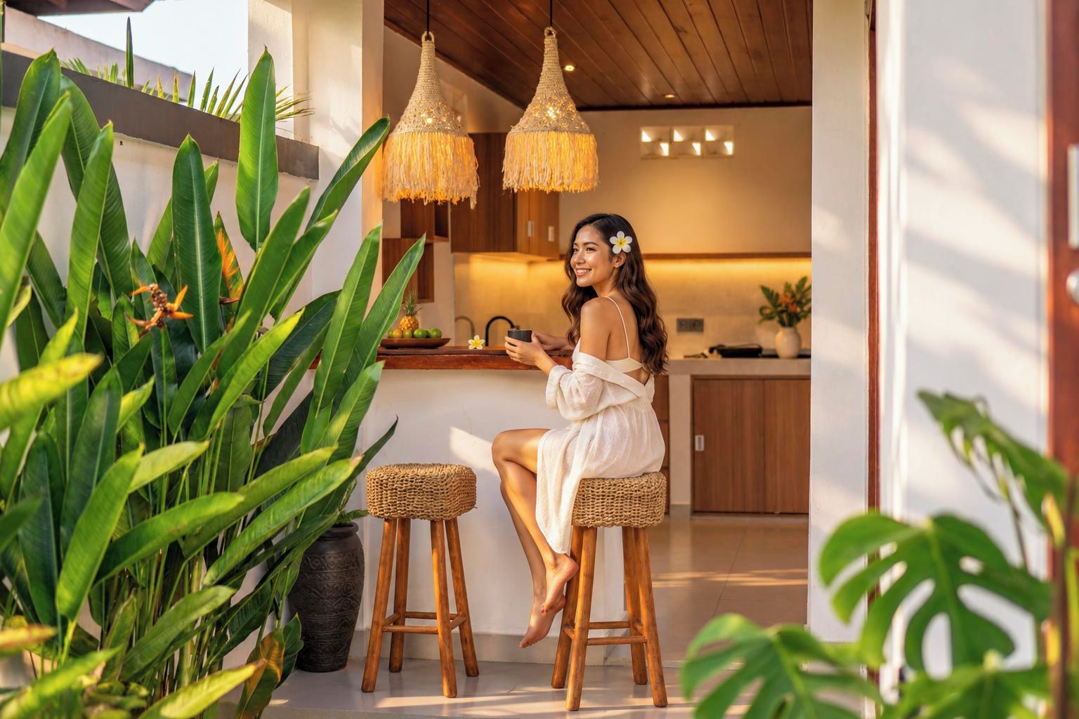 A woman sitting on a stool in a modern kitchen with wooden accents and hanging pendant lights.