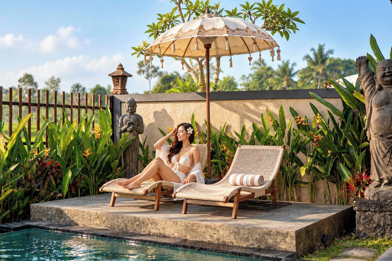 A poolside area with two lounge chairs, a decorative umbrella, and a Buddha statue.