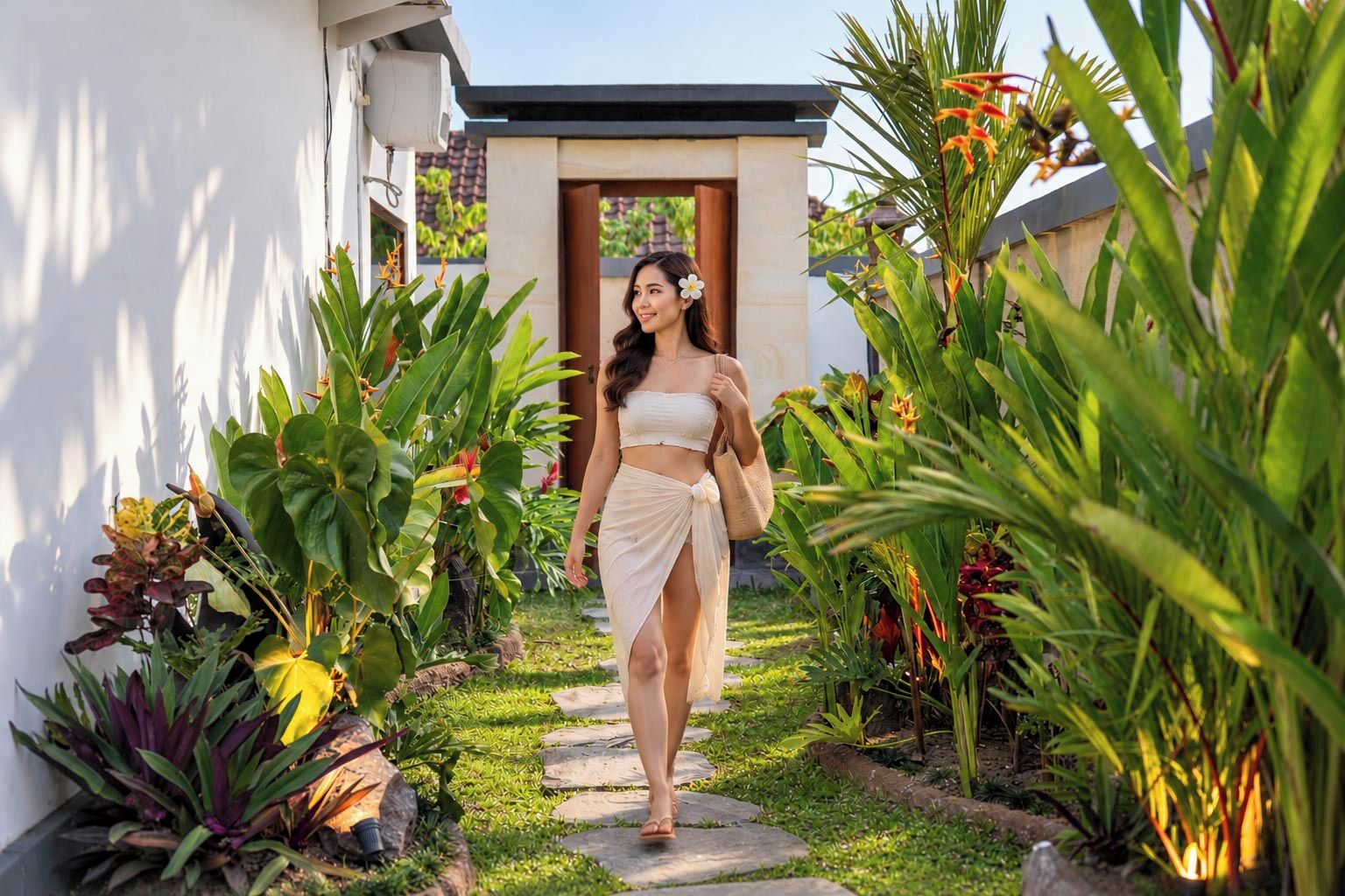 A person walking through a garden pathway with tropical plants and a building entrance.