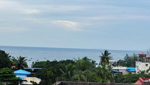 A coastal view with a clear sky, a calm sea, and a dense green landscape with buildings. - Ross Harriet View (Port Blair)