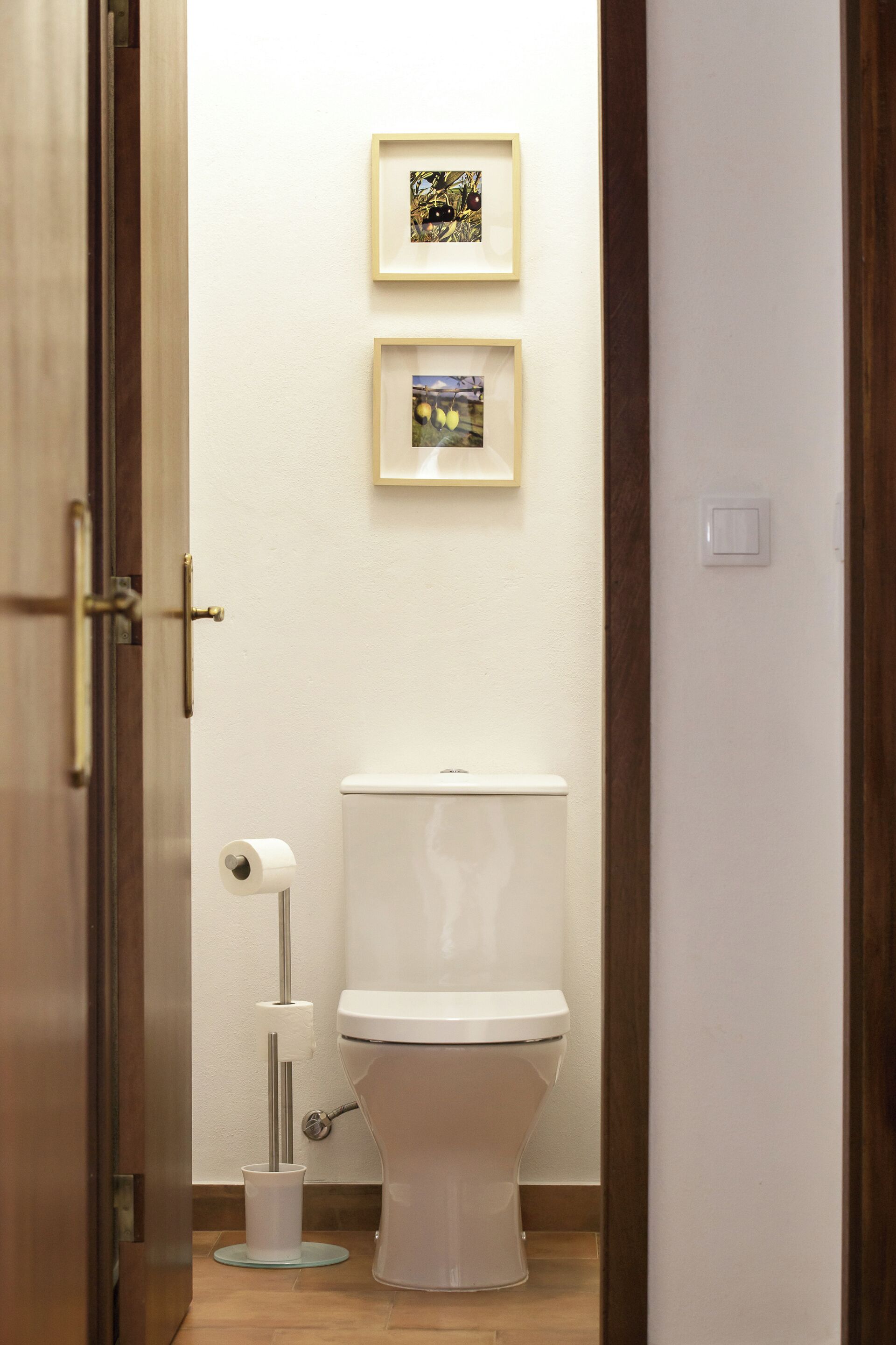 Une salle de bain avec des toilettes, un rouleau de papier toilette et deux tableaux encadrés accrochés au mur.