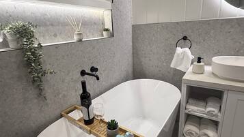 Hair dryer, towels, soap, toilet paper