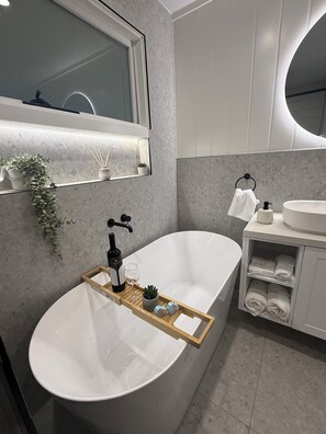 Hair dryer, towels, soap, toilet paper