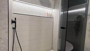 Hair dryer, towels, soap, toilet paper